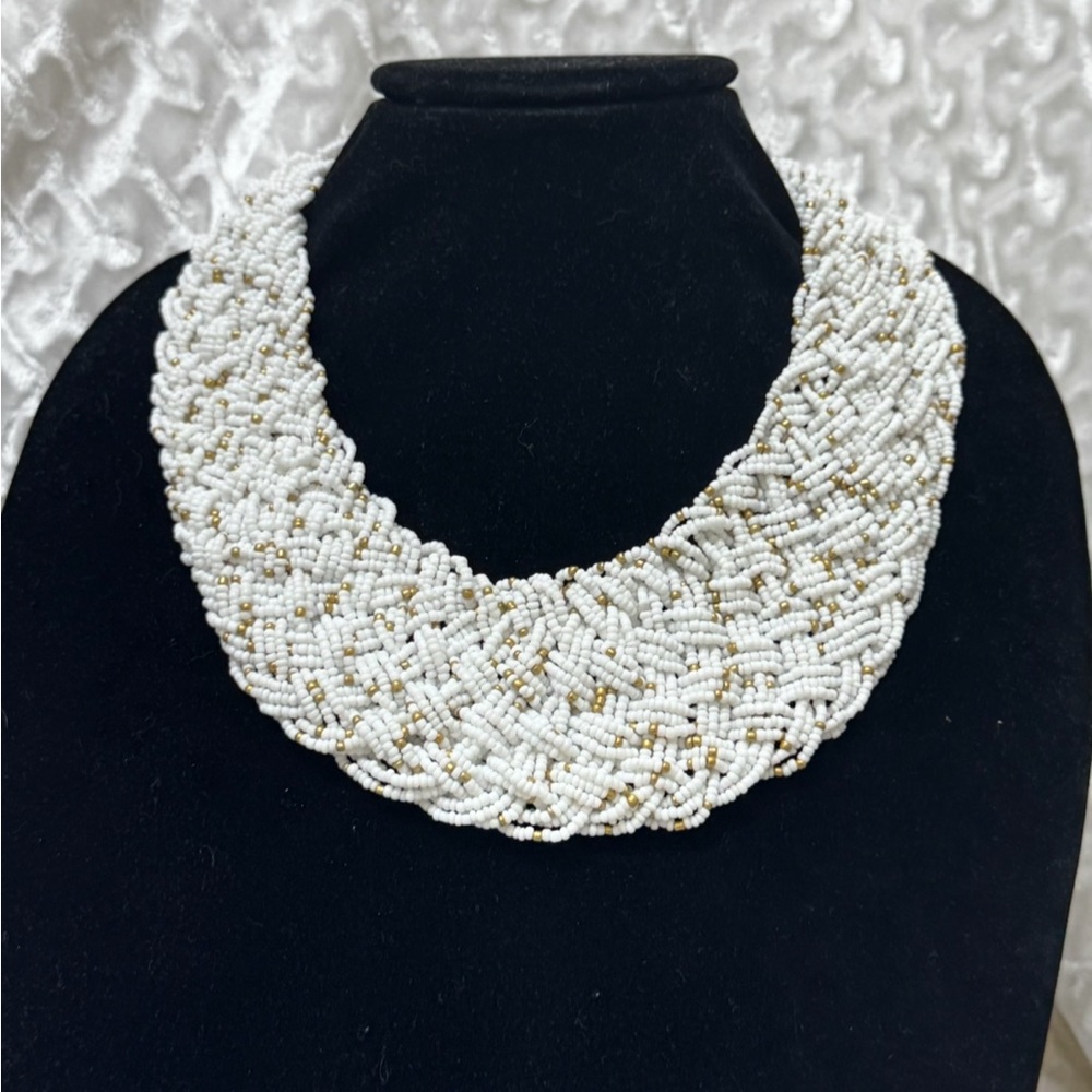 Chico's Bohemian Boho Woven Seed Bead White & Gold Statement Necklace, New